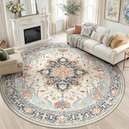 RELEANY 8ft Round Rug, Area Rugs 8ft, Washable Rug, Non-Slip, Rugs for Living Room for Bedroom, Circle , Vintage Rugs Boho Floral Medallion, Low Pile, Soft, Beige Dark Blue Navy Red