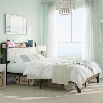 LIKIMIO Queen Bed Frames, Storage Headboard with Charging Station, Solid and Stable, Noise Free, No Box Spring Needed, Easy Assembly, Wood and Cream