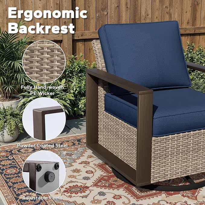 Outdoor Patio Swivel Rocker Chairs, 5 Pieces Wicker Furniture Set, 2 Swivel Rocking Chairs, 1 Sofa and 2 Ottoman, Metal Wide Armrest, Thick Cushions and Deep Seating for Garden, Backyard, Porch, Deck