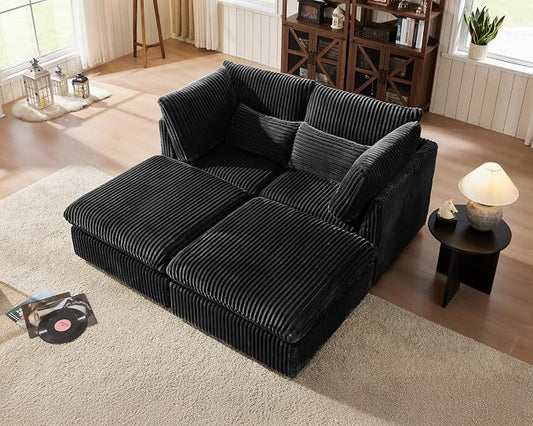 77" Oversized Corduroy Couch Modular Sectional Sofa, Washable Cloud Couch Sectional with 2 Ottoman, 4 Seater Sectional Couches for Living Room, Fully Cover Removable, Chaise Lounge, Corduroy, Black