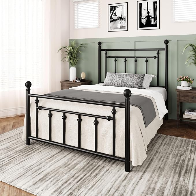 Allewie 14 Inch Twin Size Metal Platform Bed Frame with Victorian Vintage Headboard and Footboard/Mattress Foundation/Under Bed Storage/No Box Spring Needed/Easy Assembly/Noise Free/Black