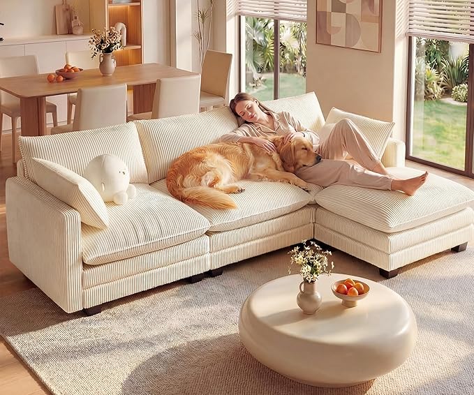 Gizoon 110'' Oversized L Shaped Couch for Living Room, Cloud Couches with Washable Corduroy Cover, Modern 4-Seater Comfy Deep-Seat Sofa with Movable Ottoman and 2 Throw Pillows for Apartment, Beige