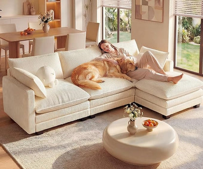 Gizoon 110'' Oversized L Shaped Couch for Living Room, Cloud Couches with Washable Corduroy Cover, Modern 4-Seater Comfy Deep-Seat Sofa with Movable Ottoman and 2 Throw Pillows for Apartment, Beige