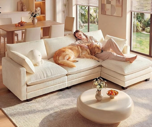 Gizoon 110'' Oversized L Shaped Couch for Living Room, Cloud Couches with Washable Corduroy Cover, Modern 4-Seater Comfy Deep-Seat Sofa with Movable Ottoman and 2 Throw Pillows for Apartment, Beige