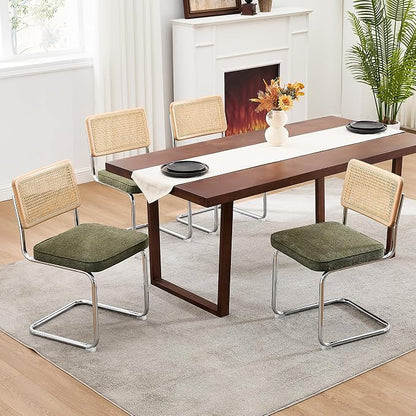 Zesthouse Natural Rattan Dining Chairs Set of 6, Mid Century Modern Dining Chairs with Solid Wood Back & Chrome Base, for Kitchen Living Room, Breuer Design Inspired, Upholstered Linen Fabric, Green