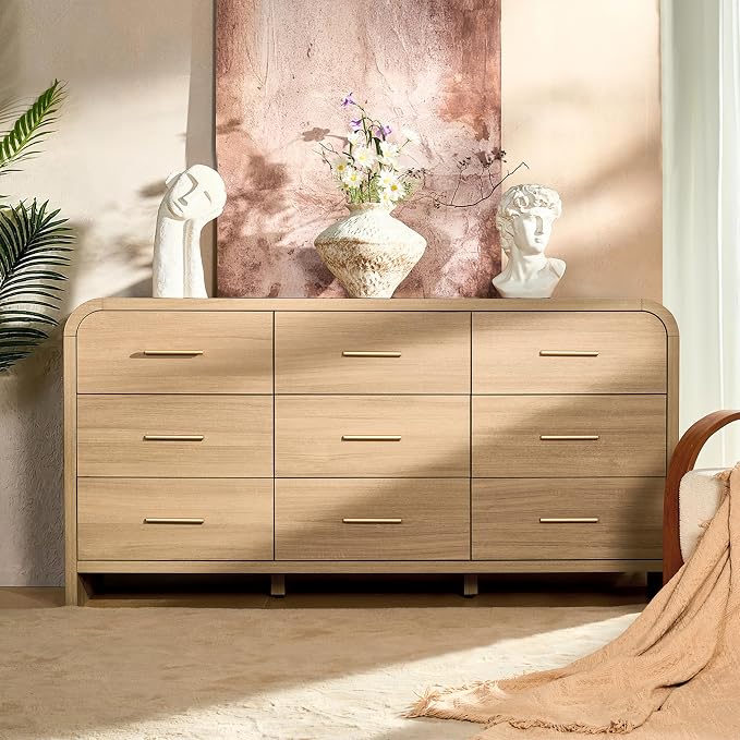 Curved 9-Drawer Dresser for Bedroom, 63" Wide Modern Chest of Drawers, Vanity Desk TV Stand for Living Room, Closet Storage Drawers Organizer Furniture, Nursery, Hallway, Grey Oak