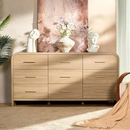 Curved 9-Drawer Dresser for Bedroom, 63" Wide Modern Chest of Drawers, Vanity Desk TV Stand for Living Room, Closet Storage Drawers Organizer Furniture, Nursery, Hallway, Grey Oak