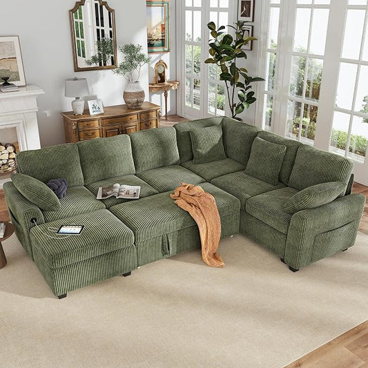 Hanherry Sectional Couch with Pull Out Sofa Bed,Corduroy Sleeper Sofa with Storage Ottoman & USB Charging,Comfy L Shaped Modular Couches for Living Room,Apartment