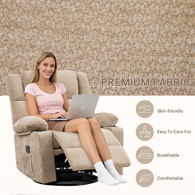 Swivel Rocker Recliner,Rocking Recliner with Adjustable Headrest | Upholstered Fabric Swivel Rocking Chair for Bedroom,Living Room,Brown