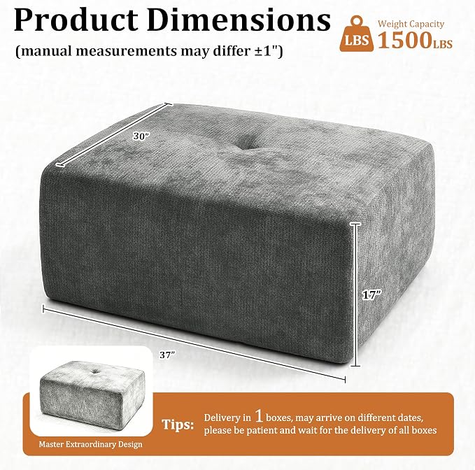 37" Oversized Boneless Couch, Comfort Cloud Sectional Couches for Living Room, Modular Sofa High Back & Extra Deep Seat, No Assembly, Soft Chenille Fabric (Dark Grey, 37 inch-Single Ottoman)