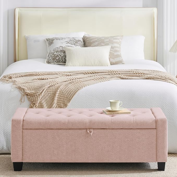 Huatean Home 43" Ottoman with Storage, Pink Storage Ottoman Bench with Safety Hinge, Upholstered Entryway Bench with Seating for Bedroom, Living Room, Holds up to 330 lb