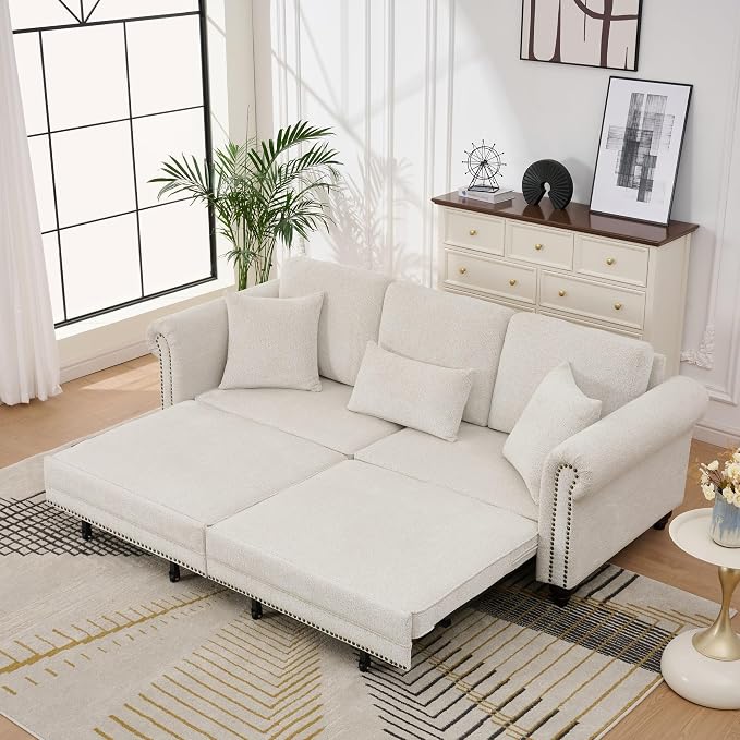 KEIKI 3 in 1 Classic Modern Convertible Sofa Bed King Size Pull Out Sleeper with Rolled Arm Nailhead Trim, Chenille Fabric Sturdy Frame 600 lbs Capacity for Living Room Apartment Office, Green