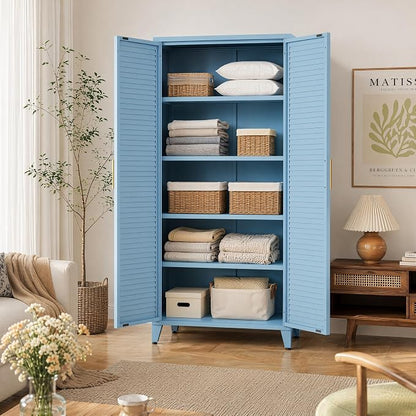 Blue Metal Storage Cabinet with Doors Pantry Cabinet with 3 Adjustable Shelves, 61" Tall Steel Kitchen Storage Locker for Kitchen Living Room Bedroom Home Bathroom
