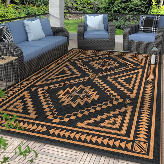 GENIMO Outdoor Rug for Patio Clearance - 5x8 ft Waterproof Plastic Camping Rugs, Reversible Outside Rv Mat Carpet for Porch, Deck, Picnic, Balcony, Beach, Backyard, Black Orange