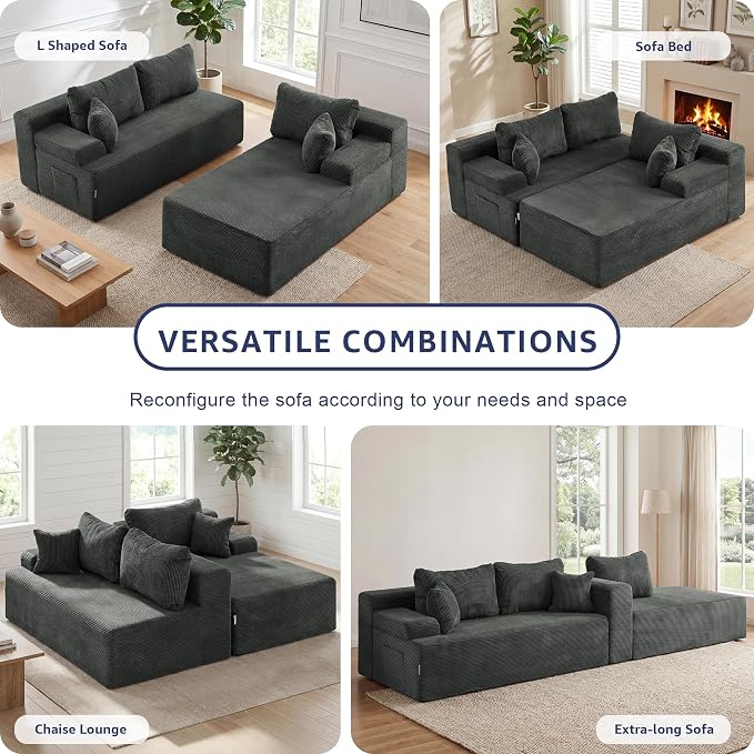 Hobestluk Modular Sectional Sofa Couches L-Shape Couch 3 Seat Modular Sofa Memory Foam Sectional Couches for Living Room, Cloud Couch with Oversized Chaise (Grey Corduroy, 108", Right Hand Facing)