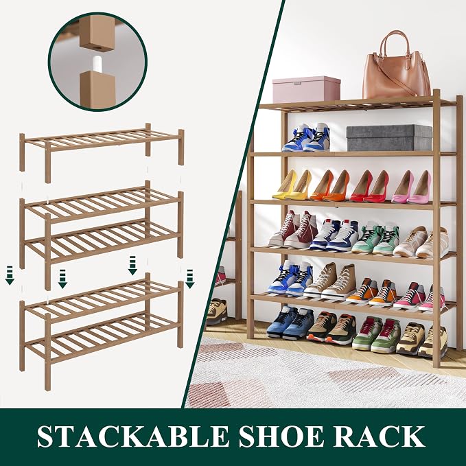 Smiry Bamboo Shoe Rack, 6 Tier Free Standing Wooden Shoe Organizer, Stackable Wood Shoe Storage Shelf for Closet, Entryway, 14 Vertical Slats, 2+2+2 Stack Heavy-Duty Legs, 26.8"x11"x39", Walnut
