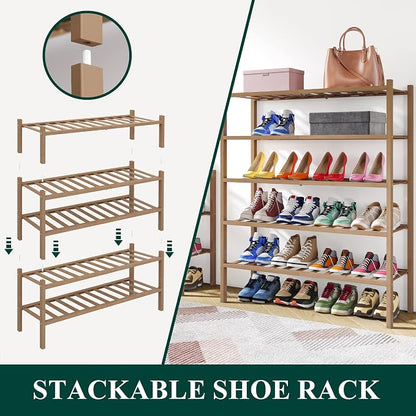 Smiry Bamboo Shoe Rack, 6 Tier Free Standing Wooden Shoe Organizer, Stackable Wood Shoe Storage Shelf for Closet, Entryway, 14 Vertical Slats, 2+2+2 Stack Heavy-Duty Legs, 26.8"x11"x39", Walnut