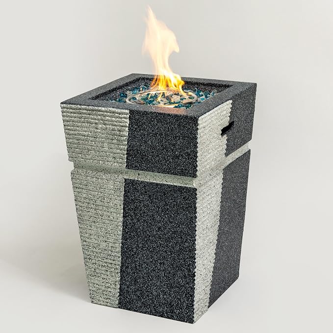 20" Propane Gas Fire Pit Table, 40000 BTU Square Concrete Outdoor Fire Pit with Glass Rocks & Rain Cover, Patio Fire Table for Backyard Deck Garden, Light Grey Blue