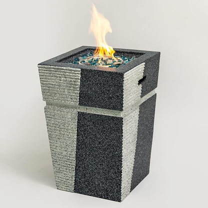 20" Propane Gas Fire Pit Table, 40000 BTU Square Concrete Outdoor Fire Pit with Glass Rocks & Rain Cover, Patio Fire Table for Backyard Deck Garden, Light Grey Blue