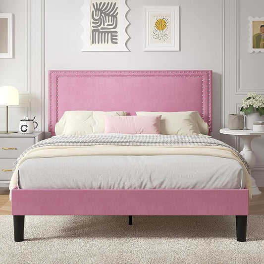 VECELO Full Size Platform Bed Frame with Height Adjustable Upholstered Headboard, Modern Mattress Foundation,Strong Wood Slat Support, No Box Spring Needed, Easy Assembly,Pink