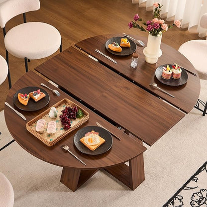 ClinQ 43-59in Extendable Round Dining Table for 4-6, Round to Oval Dining Room Table with Removable Leaves, Space Saving Dinner Table with Storage Shelf, Walnut