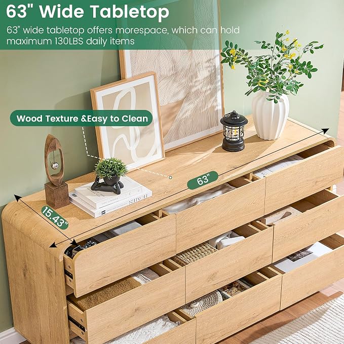 Standifurno Natural Dresser for Bedroom with 9 Drawers, 63" Wide Modern Drawers with Curved Design, Wood Drawer Organizer for Living Room, Hallway