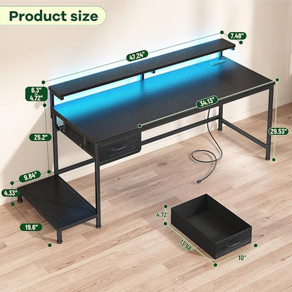 DurayLoly 47.2" Gaming Desk with Power Outlet and LED Lights,Computer Desk with Adjustable Monitor Stand and Drawer,Office Desk with CPU Stand for Home Work,Study and Gaming, Small Spaces,Black
