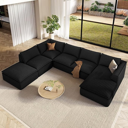 Vesgantti 141.7" Oversized Sectional Boneless Couch, Modern 7 Seater Modular Sofa with Chaise & Ottoman, Deep Seat Plush Corduroy Cloud Couches for Living Room, No Assembly Required, Black