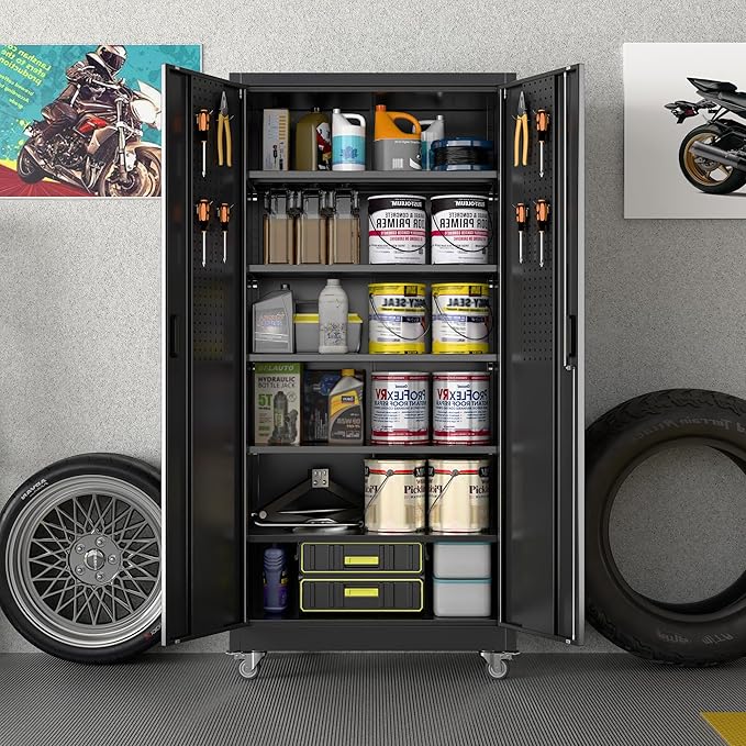 Garage Storage Cabinet with Wheels & Pegboard Doors, Lockable Metal Storage Cabinet with 5 Adjustable Shelves for Garage, Home, Black, Assembly Required, 71" H x 34" W x 18" D