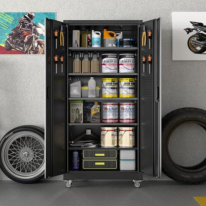 SUXXAN Heavy Duty Metal Storage Cabinet with Wheels and Pegboard, 71" Tall Industrial Steel Cabinet with 5 Adjustable Shelves & Locking Doors for Garage, Office, Pantry, Warehouse, Black