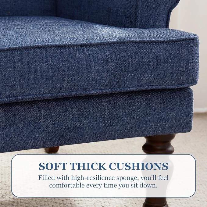 HUIMO Printed Wingback Accent Chair, Linen Upholstered High Back Armchair, Comfy Reading Chair for Living Room Bedroom Study, 300lbs Weight Capacity (2, Navy Blue)