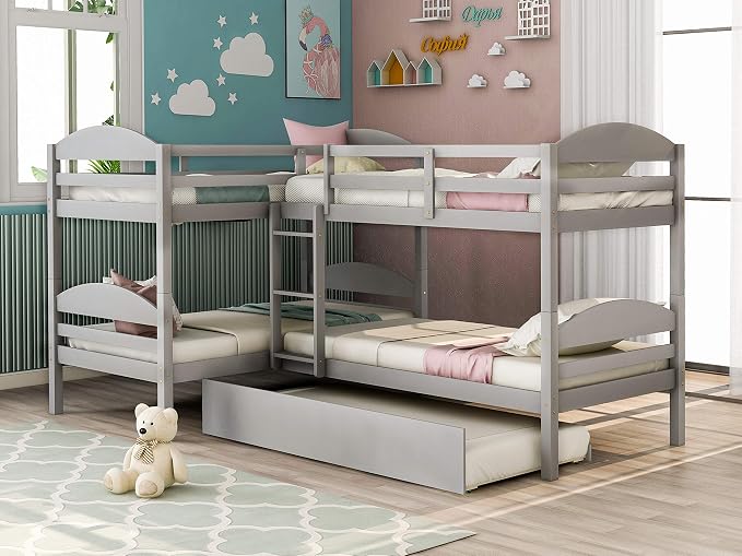 Flieks Four Bunk Bed Twin-Over-Twin-Over-Twin-Over-Twin L Shaped Bunk Bed with Trundle, Bunk Bed Can be Divided into 2 L-Shaped Beds for Accommodating 5, Family, Kids, Teens, No Box Spring Needed