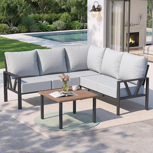 Outdoor Furniture Set, 6 Pieces Outdoor Couch Sectional, L Shaped Metal Patio Corner Sofa with 6” Thick Cushions, Patio Seating Conversation Set, Light Grey