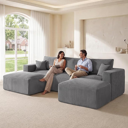 Living&Giving Sectional Couches for Living Room, 115" U Shaped Cloud Boneless Couch, Modular Sectional Sofa with Movable Ottoman, Modern Corduroy Sleeper Sofa for Bedroom, No Assembly Required, Gray