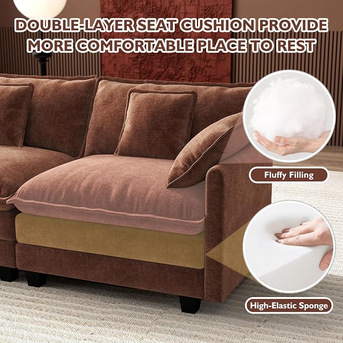 Ihanherry 114" V-Shaped Modern Sofa Modular Sectional Luxurious and Comfortable with 2 Ottoman, 7-Seat Chenille Deep Seat Sofa with Corner Section for Living Room, Bedroom and Apartment, Brick Red
