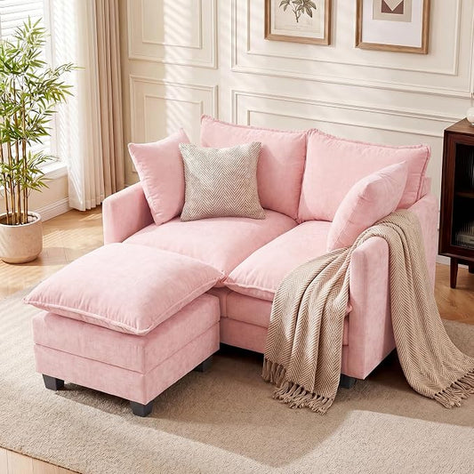 L-Shape Loveseat Sofa Couch with Ottoman, Small 50" Love Seat 27" Deep Cloud Sofa Washable Chenille Pillow for Apartment Bedroom Dorm Attic Studio Office Living Room Small Space 8833-PINK-L