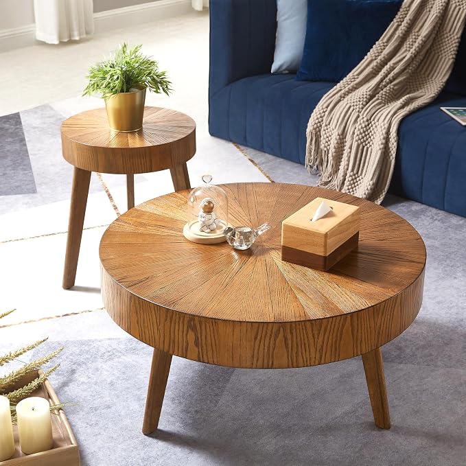 Nesting Round Oak Wood Coffee Table Set of 2 for Living Room - Wooden Circle Coffee Table ＆ End Table Side Tables for Apartment (Espresso,31x31x14 in)