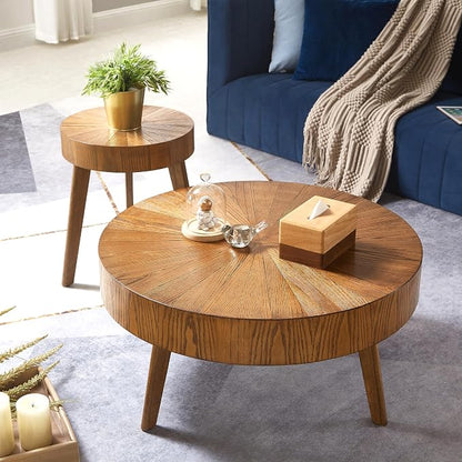Nesting Round Oak Wood Coffee Table Set of 2 for Living Room - Wooden Circle Coffee Table ＆ End Table Side Tables for Apartment (Espresso,31x31x14 in)