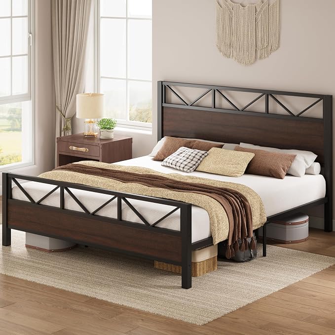 LIKIMIO California King Bed Frame, Tall Industrial Headboard 51.1 ", Platform Bed Frame with Strong Metal Support, Solid and Stable, Noise Free, No Box Spring Needed, Easy Assembly, Dark Brown