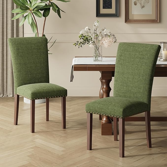 COLAMY Upholstered Parsons Dining Chairs Set of 4, Fabric Dining Room Kitchen Side Chair with Nailhead Trim and Wood Legs - Green