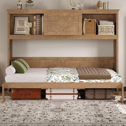 MERITLINE Twin Horizontal Murphy Bed with Storage Bookcase Shelves & Drawer and Charging Station,Solid Wood Farmhouse Murphy Wall Bed with Storage, Slat Support (Natural Wood)