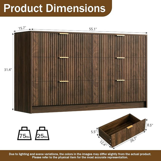 Furniway Walnut Dresser for Bedroom, Modern Dresser with 6 Drawers and Smooth Slides, Wide Chest of Drawers with Golden Handles for Bedroom, Living Room, Closet, 15.7" D x 55.1" W x 31.4" H