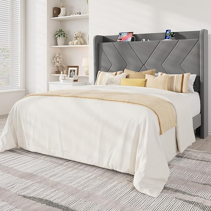 Allewie Queen Size Platform Bed Frame with Charging Station and Storage Shelf/Upholstered Velvet Wingback Headboard/Wooden Slats Support/No Box Spring Needed/Easy Assembly, Grey