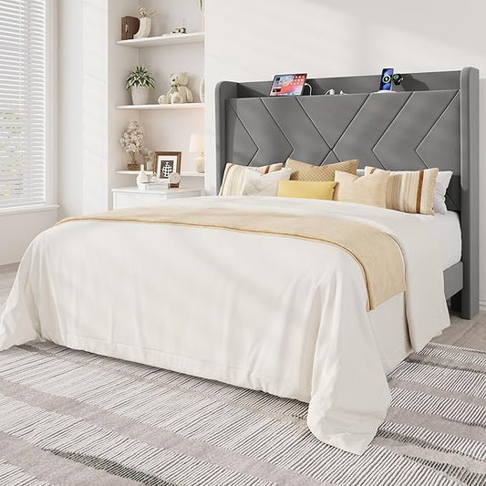 Allewie Queen Size Platform Bed Frame with Charging Station and Storage Shelf/Upholstered Velvet Wingback Headboard/Wooden Slats Support/No Box Spring Needed/Easy Assembly, Grey