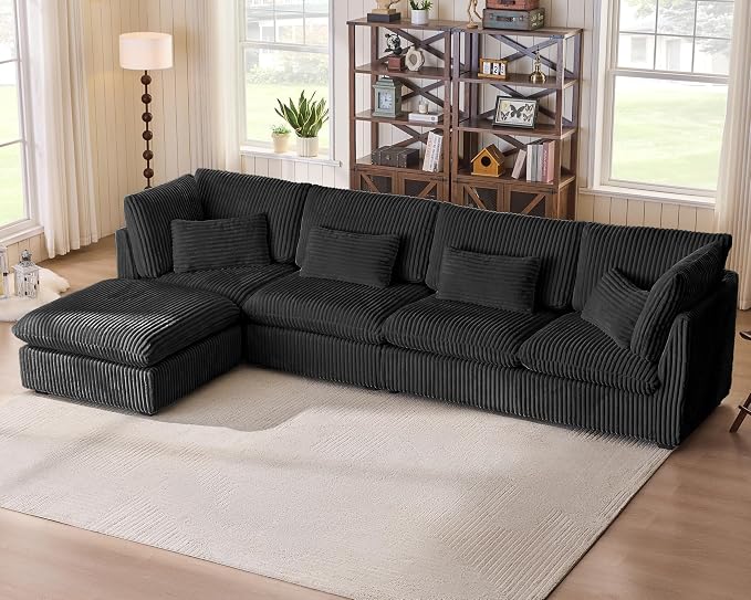 154" Oversized Corduroy Couch Modular Sectional Sofa, Washable Cloud Couch Sectional with Ottoman, 5 Seater Sectional Couches for Living Room, Fully Cover Removable, L Shaped, Corduroy, Black
