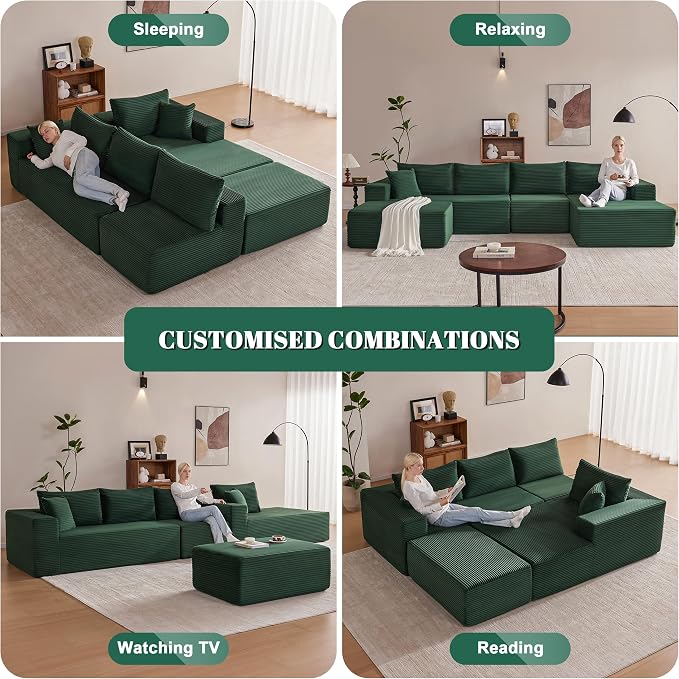 Mangodan 140” Cloud Sectional Couch, Boneless Sofa for Living Room, Modular Sectional Sofa with Deep Seat, Comfy Fluffy U-Shaped Couch with Right-Facing Chaise, No Assembly Required, Green