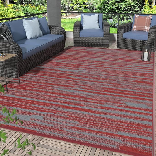 GENIMO Outdoor Rug for Patio Clearance, 6'x9' Waterproof Camping Mat, Reversible Plastic Straw Rugs for RV, Camper, Balcony, Backyard, Picnic, Deck (Red Grey)
