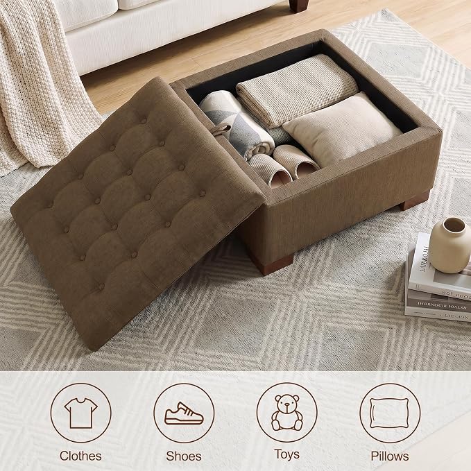 30 Inch Square Storage Ottoman Coffee Table, Modern Tufted Upholstered Ottoman with Flip Tray and Solid Wood Legs, Suitable for Living Rooms, Linen Brown