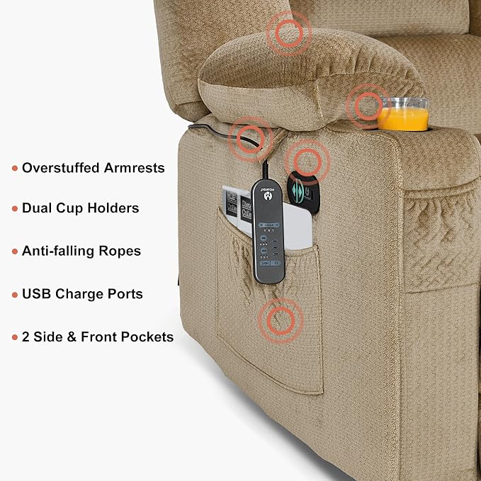 MCombo Zero Gravity Power Reclining Sofa with Heat and Vibration Massage, 3 Seater Reclining Couch with USB Ports, Cup Holders for Living Room, Fabric PR648SET (Beige)