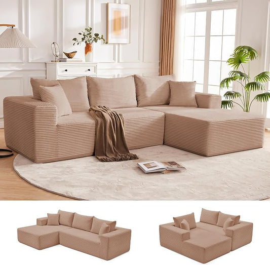 Mangodan 110” Cloud Sectional Couch, Boneless Sofa for Living Room, Modular Sectional Sofa with Deep Seat, Comfy Fluffy Couch with L-Shaped Chaise, No Assembly Required (Right-Facing Chaise, Camel)